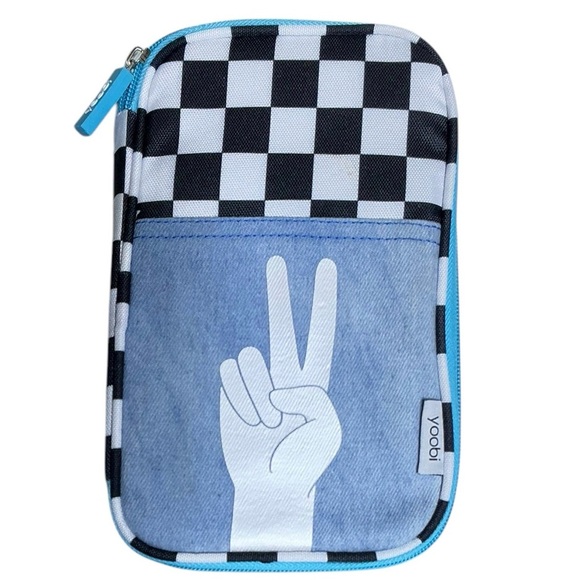 Yoobi Peace Sign Denim Checkerboard Organizer Pencil Case 7 Pocket Zip Around - Picture 15 of 15